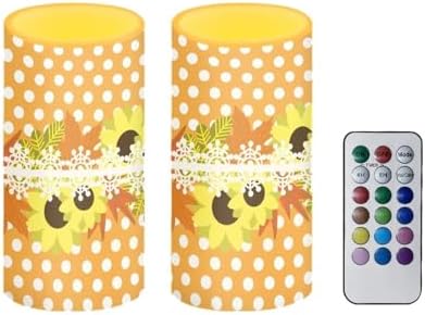 Battery Operated Flameless Candles with Remote and Timer Flameless LED Pillar Candles for Thanksgiving Day Home Party Decoration Battery Tealights, Sunflower Green Leaves by Merkmak