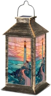Solar Lantern Sunset Lighthouse Stained Glass Outdoor Garden Hanging Lantern Waterproof Solar Powered Lighting Outside Table Lamp for Deck Yard Camping Patio Decor by Unknown