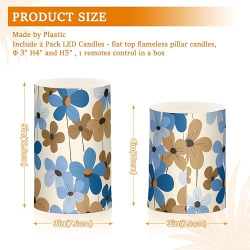 Blue Brown Retro Flowers Flameless Outdoor Battery Operated Candles Electronic Lights Waterproof Remote Control for Votive Battery Powered 2-Piecing Set - Image 3