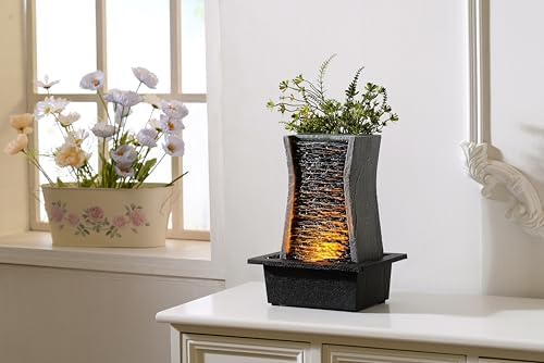 GOSSI Tabletop Water Fountain with LED Lights, Indoor Waterfall Fountain for Home Office Bedroom Decor, Includes Plastic Pots for Plant Growing, Relaxation Desk Accessory (24285) - Image 4