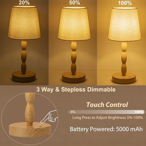 CASTLELIFE Rechargeable Cordless Table Lamp, 5000mAh Battery Powered Touch Desk Lamp, 3-Level & Stepless Dimmable Night Light, Portable Bedside Lamp for Bedroom, Outdoor, Bulb Included, Wood Grain - Image 2