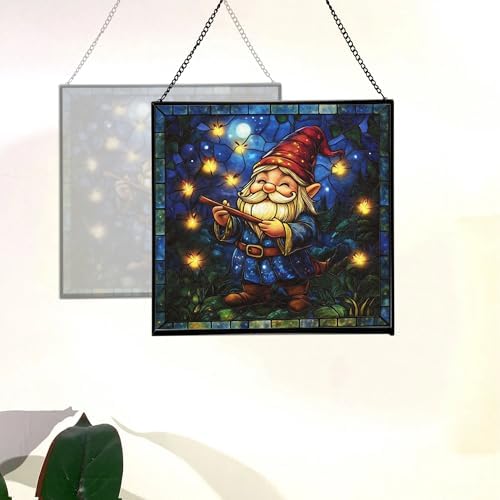 Firefly Song Gnome Stained Glass Suncatcher – Square Hanging Window Panel for Home or Greenhouse – Whimsical Glass Art Gift for Garden Lovers, Christmas, Halloween, Father Days tuXz8P - Image 4