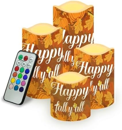 Happy Fall Y'all Maple Battery Operated Candles with Timer Remote Pillar Candles Battery Operated Set of 4 Led Flameless Candles for Thanksgiving Day Party Home Room Kitchen Decor by Uorisanigo
