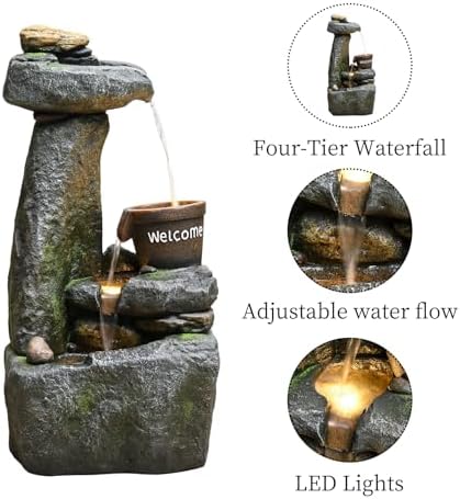 33" Outdoor Garden Water Fountain with Lights, 4 Tiers Water Feature - Image 2