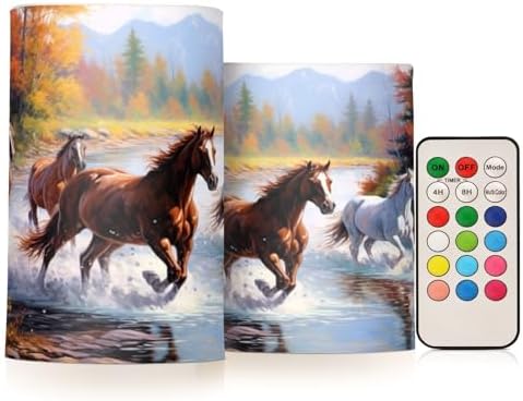 Flameless Candles with Remote Control and Timer, Running Horses Painting Flickering Candles Battery Operated LED Pillar Candles, Warm Light for Home Decor, Set of 2 (D 3" x H 4" 5") by Unknown