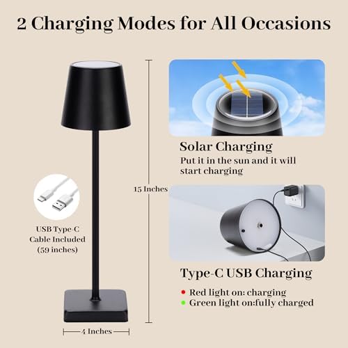 2 Pack Cordless Table Lamps,Rechargeable Outdoor Solar LED Lamp,Portable USB Desk Lamp Waterproof,2000mAh Battery Operated,Touch Stepless Dimming Light for Bedroom,Restaurants,Patio,Camping,Black - Image 7