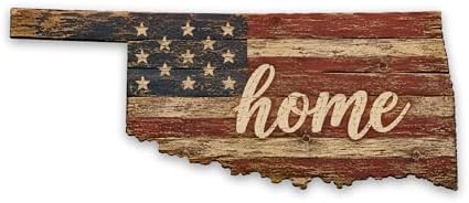 Oklahoma "Home" State Shape Sign — Vintage American Flag Wall Decor — UV-Printed Aluminum (Not Real Wood) — Patriotic State Pride Art for Indoors & Outdoors — Made in USA by MRC+Wood+Products