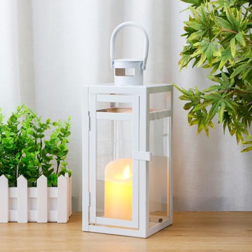 TRIROCKS Decorative Candle Lantern 12'' High Metal Candle Holder with Tempered Glass Perfect for Home Decor Living Room Parties Events Tabletop Indoor Outdoor (White) - Image 3