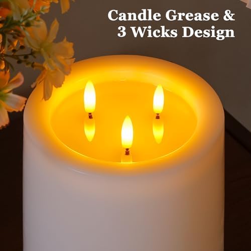 Yeelida 3-Wick 6"x6" Extra Large Real Wax Flameless Pillar Candles with Remote Control and Timer Function, Candle Grease White Battery Operated LED Flickering 3D-Wick (Long Lasting, Warm Fire) - Image 3