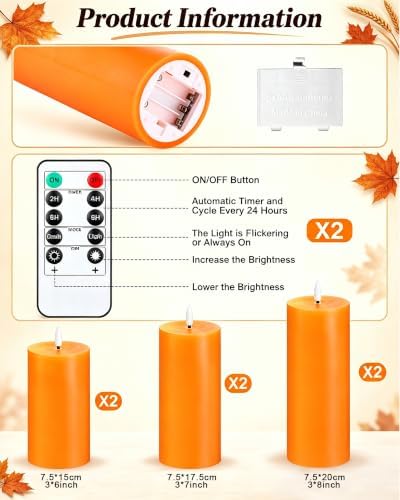VIHOSE 6 Pack Fall Orange Flameless Candles D 3" H 6" 7" 8" - Image 2