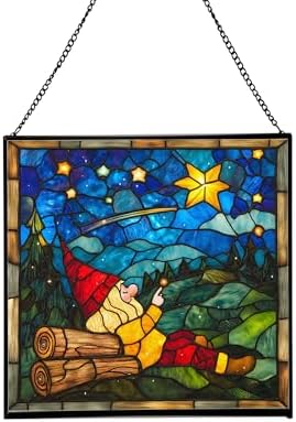 Gnome Stargazing Stained Glass Suncatcher – Square Hanging Window Panel for Home, Garden, Nursery, Halloween, Christmas, Memorial Day – Whimsical Glass Art Gift for Gnome Lovers co5w02 by Custom