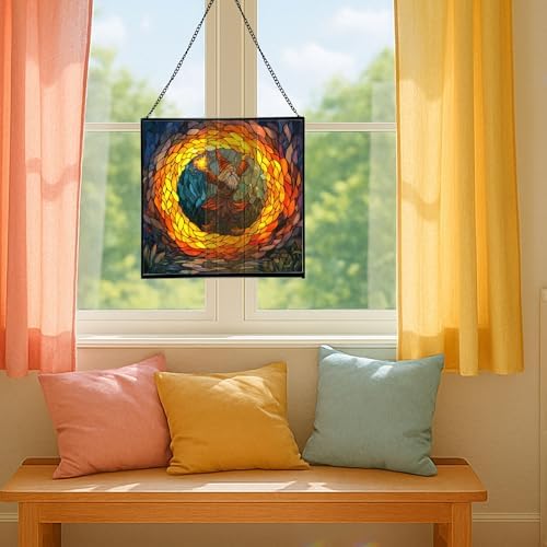 Fire Ring Gnome Dance Stained Glass Suncatcher – Square Hanging Window Panel for Home or Greenhouse – Whimsical Glass Art Gift for Garden Lovers, Christmas, Halloween, Father Days sMbiCD - Image 5