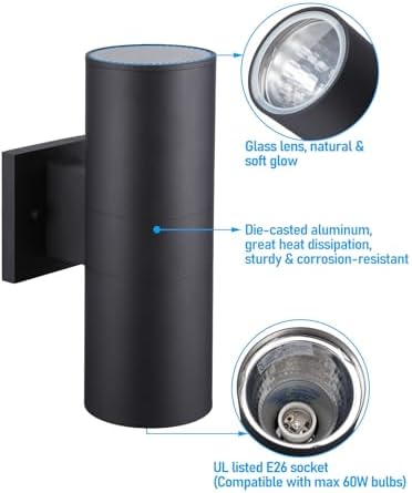 LEONLITE 2-Pack 12" Outdoor Cylinder Wall Light, Up and Down, E26 Base - Image 4