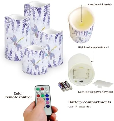 Purple Dragonfly Floral Flickering Flameless Candles Pillar LED Candles with Remote and Timer Set of 4 Color Changing Battery Operated Candles for Home Decoration - Image 3
