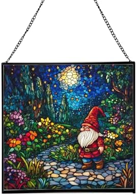 Twilight Garden Gnome Stroll Stained Glass Suncatcher – Square Hanging Window Panel for Home or Greenhouse – Whimsical Glass Art Gift for Garden Lovers, Christmas, Halloween, Father Days Ye2sh0 by Custom