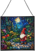 Twilight Garden Gnome Stroll Stained Glass Suncatcher – Square Hanging Window Panel for Home or Greenhouse – Whimsical Glass Art Gift for Garden Lovers, Christmas, Halloween, Father Days Ye2sh0 by Custom