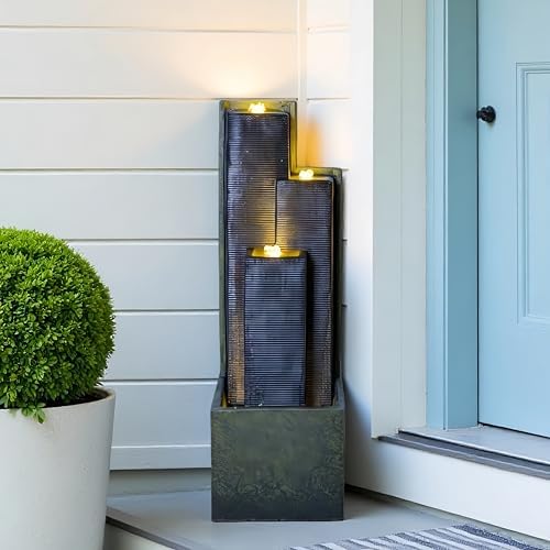 Outdoor Water Fountain with LED Lights, 39.7" Tall Modern 3-Tier Cascading Waterfall Fountain for Patio Garden Yard Porch Backyard, Resin Outdoor Water Feature Decor - Image 5