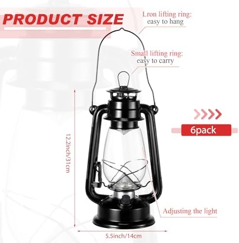 Hortsun 6 Pcs 12 Inch Vintage LED Hurricane Lantern Metal Black Outdoor Battery Operated Hanging Lantern with Warm LEDs and Dimmer Switch for Indoor Rustic Farmhouse Country Camping Decor - Image 3