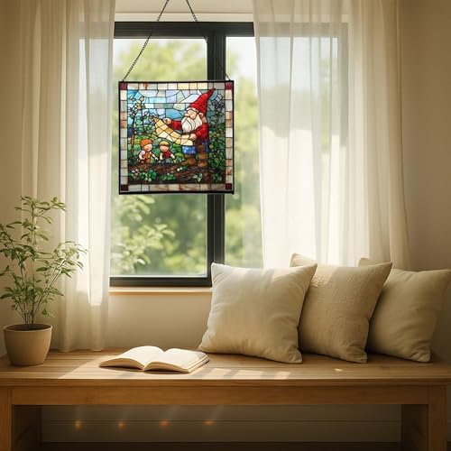Gnome with Garden Planning Stained Glass Suncatcher – Square Hanging Window Panel for Home, Garden, Nursery, Halloween, Christmas, Memorial Day – Whimsical Glass Art Gift for Gnome Lovers 7ymrhw - Image 7