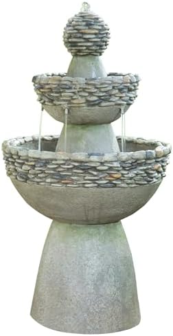 Teamson Home 36.5 in. Outdoor 3-Tier Zen-Style Pedestal Water Fountain in. with Stone Trim with Pump and 2.64 Gallon Capacity, Stone Gray by TeamsonHome