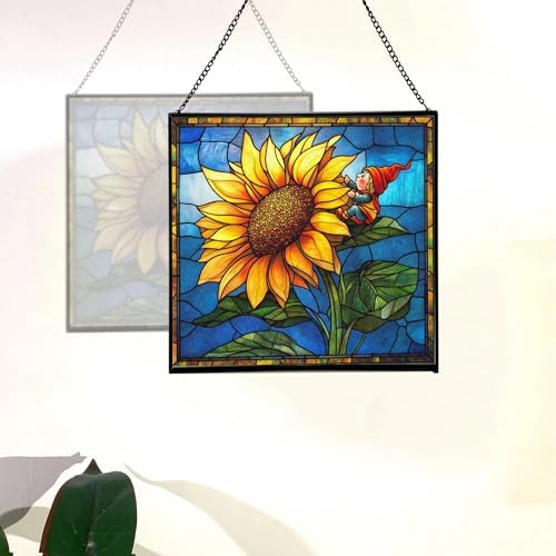 Sunflower Climb Gnome Stained Glass Suncatcher – Square Hanging Window Panel for Home or Greenhouse – Whimsical Glass Art Gift for Garden Lovers, Christmas, Halloween, Father Days 6Bzlqz - Image 4