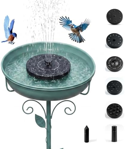 Solar Bird Bath Fountain, Green Metal Stand, 7 Nozzle, Outdoor Garden Decor by Unknown