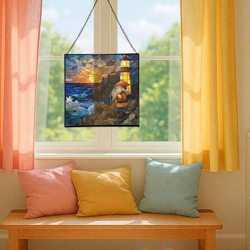 Gnome Lighthouse Keeper Stained Glass Suncatcher – Square Hanging Window Panel for Home or Greenhouse – Whimsical Glass Art Gift for Garden Lovers, Christmas, Halloween, Father Days 1JufKK - Image 5