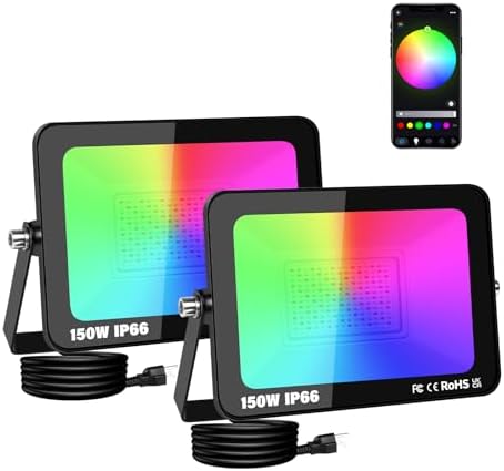 SKYWORLD 2 x 150W LED Floodlights Outdoor, Smart RGB Flood Lights with Plug, APP Remote Control, Dimmable Colour Changing Flood Light for Garden Courtyard Landscape DIY Party Stage Decoration by SKYWORLD