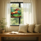 Brown Dutch Warmblood Horse Galloping Along Wild Hedgerow Square Suncatcher – Stained Glass Style Window Panel with Pastoral Scene, Custom Decorative Hanging Art for Equestrian Home, Christmas 3wkf38 - Image 6