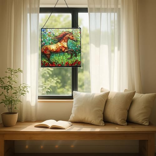 Brown Dutch Warmblood Horse Galloping Along Wild Hedgerow Square Suncatcher – Stained Glass Style Window Panel with Pastoral Scene, Custom Decorative Hanging Art for Equestrian Home, Christmas 3wkf38 - Image 6
