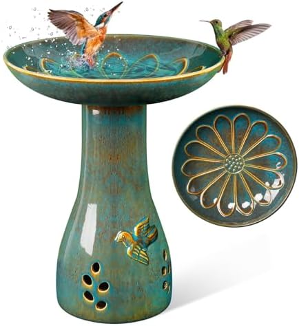 21.5in Ceramic Bird Bath for Outdoor Garden Heavy Duty, Blue by LITUDISO