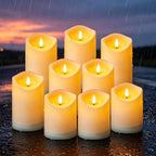 Nimiko Solar Outdoor Waterproof Flameless Candles - 9 Pack Solar & Battery Operated LED Candles, White (D3.25" x 4"/5"/6" Assorted Heights) for Garden, Patio, Outdoor Decoration by Nimiko