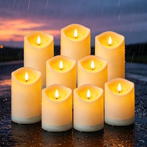 Nimiko Solar Outdoor Waterproof Flameless Candles - 9 Pack Solar & Battery Operated LED Candles, White (D3.25" x 4"/5"/6" Assorted Heights) for Garden, Patio, Outdoor Decoration by Nimiko