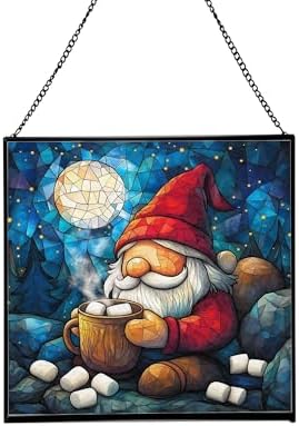 Hot Cocoa Gnome Night Stained Glass Suncatcher – Square Hanging Window Panel for Home or Greenhouse – Whimsical Glass Art Gift for Garden Lovers, Christmas, Halloween, Father Days 6F1b02 by Custom