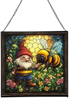 Bee Friend Gnome Stained Glass Suncatcher – Square Hanging Window Panel for Home or Greenhouse – Whimsical Glass Art Gift for Garden Lovers, Christmas, Halloween, Father Days CPmPdP by Custom