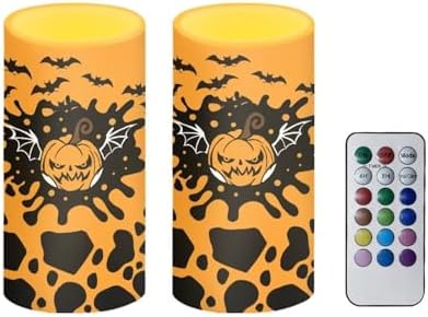 Flameless Candles Halloween Battery Operated Flameless Candles with Timer Remote, Pumpkin Bat LED Real Wax Relistic Pillar Lights for Trick or Treat Party Decoration by Merkmak