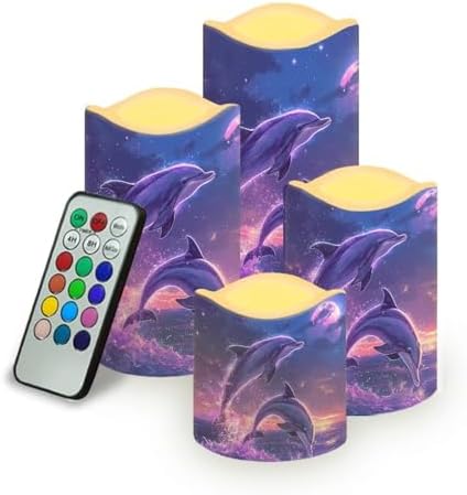 Battery Operated Candles with Remote Timer Flameless Candles Tea Lights Color Changing Electric Fake Plastic Pillar LED Candles Outdoor Home Room Decor Set of 4 Dolphin by Uorisanigo