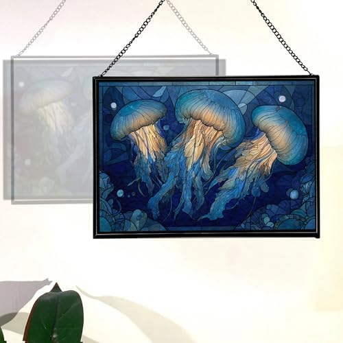 Jellyfish Floating in Moonlit Waters Rectangular Stained Glass Suncatcher – Hanging Window Panel with Animal & Nature Scene – Vibrant Glass Art Gift for Wildlife, Fantasy, Nature Lovers NMAUJn - Image 3