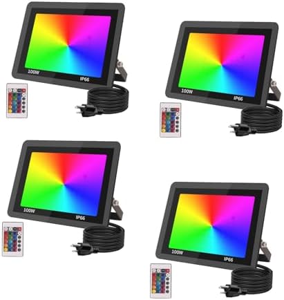 4pcs 100W LED RGB Flood Light Stage Lighting with US 3-Plug, Changing RGB Flood Lights with Remote Control, Dimmable Wall Washer Light 16 Colors 4 Mode for DJ Disco Party Garden Halloween by Unknown