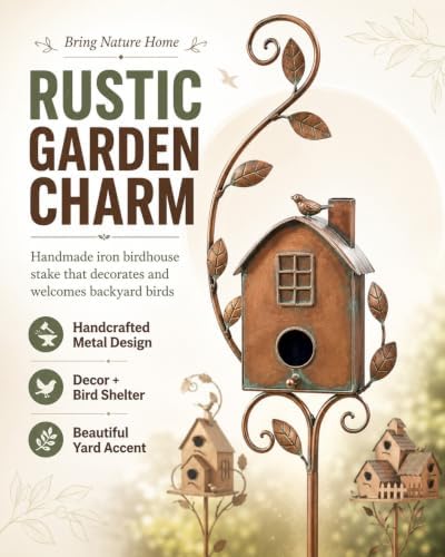 Handmade Iron Birdhouse Metal Garden Stake Bird House with Pole Stand - Image 2