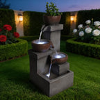 Outdoor Tiered Cascading Jar Water Fountain with LED Lights, Resin Garden Patio Decor with Planter, Rustic Stone Look Multi-Tier Waterfall for Backyard, Porch, Entryway - Image 6