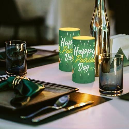 Pack of 2 Happy St Patrick's Day Flameless Candles Battery Operated Candles with Remote and Timers Flickering LED Elictric Pillar Tealights for Party Patio Porch Decorations - Image 3
