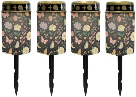 Poceacles Solar Pathway Lights Outdoor Grave Solar Lights Outside Waterproof Cemetery Flameless Candles Outdoor Grave Candle Markers Eternal Decor, Butterfly Floral Print Black, Pack of 4 by Poceacles