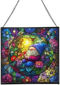 Floating Bubble Nest Gnome Stained Glass Suncatcher – Square Hanging Window Panel for Home or Greenhouse – Whimsical Glass Art Gift for Garden Lovers, Christmas, Halloween, Father Days 7tJsym by Custom