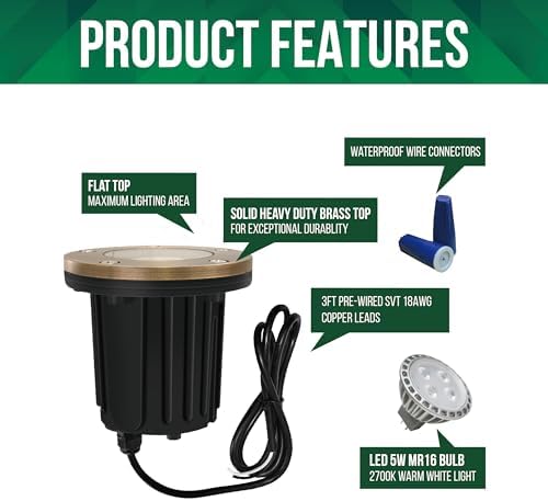 GKOLED 12V LED Brass Well Lights, In Ground Light Outdoor with MR16 Bulb and Swival Base, Low Voltage Landscape Lighting, 5W 410LM 2700K, IP67 Waterproof Up Light for Garden, Open Top, 12 Pack - Image 2