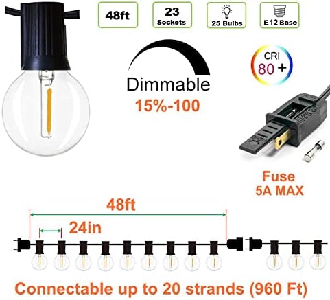 Outdoor String Lights 48ft with 23+2 Spare Bulbs, Shatterproof Dimmable Waterproof, LED 1W 60LM 2200K Warm Glow for Indoor/Outdoor Decoration and Lighting -Black Wire - Image 2