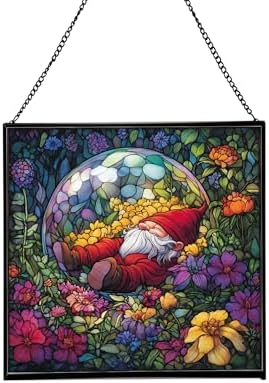 Floating Bubble Nest Gnome Stained Glass Suncatcher – Square Hanging Window Panel for Home or Greenhouse – Whimsical Glass Art Gift for Garden Lovers, Christmas, Halloween, Father Days LGtTkD by Custom