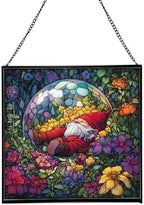 Floating Bubble Nest Gnome Stained Glass Suncatcher – Square Hanging Window Panel for Home or Greenhouse – Whimsical Glass Art Gift for Garden Lovers, Christmas, Halloween, Father Days LGtTkD by Custom