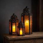 VELA LANTERNS Set of 3 Amber/Orange Glass & Black Metal Moroccan Candle Lantern Holders (XL, Large, Small) - Decorative Indoor/Outdoor Decor for Patio, Floor, Weddings & Ramadan - Image 3