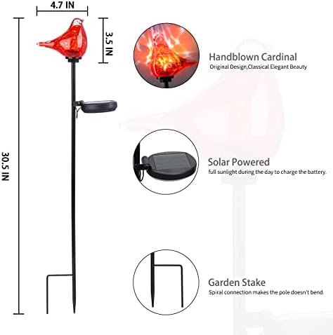 Solar Garden Stake, Hand-Blown Glass Cardinal Light Outdoor Garden Decor - Image 2